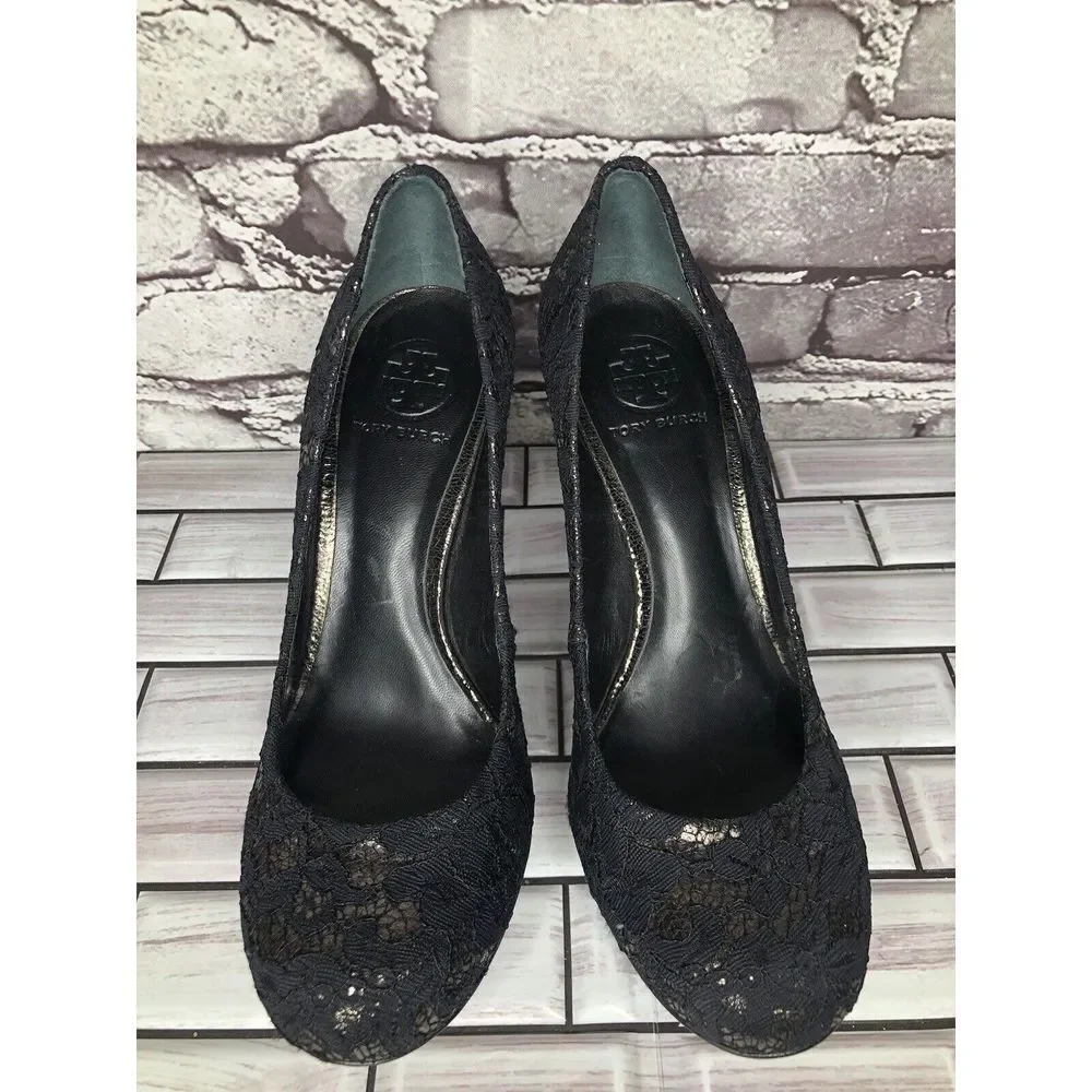 Tory Burch Black Leather Floral Fabric Platform Stiletto High Heels Women Sz 8M - Picture 2 of 16